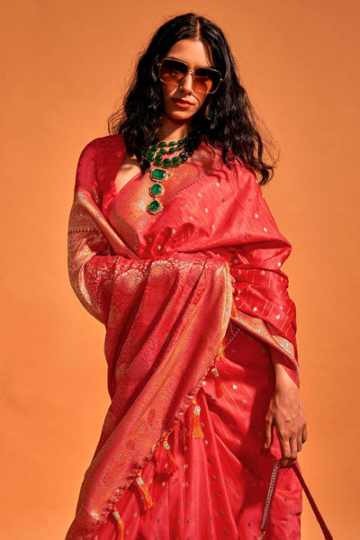 Buy Malahi Red Pure Satin Foil Print One Minute Saree Online - One Minute Saree