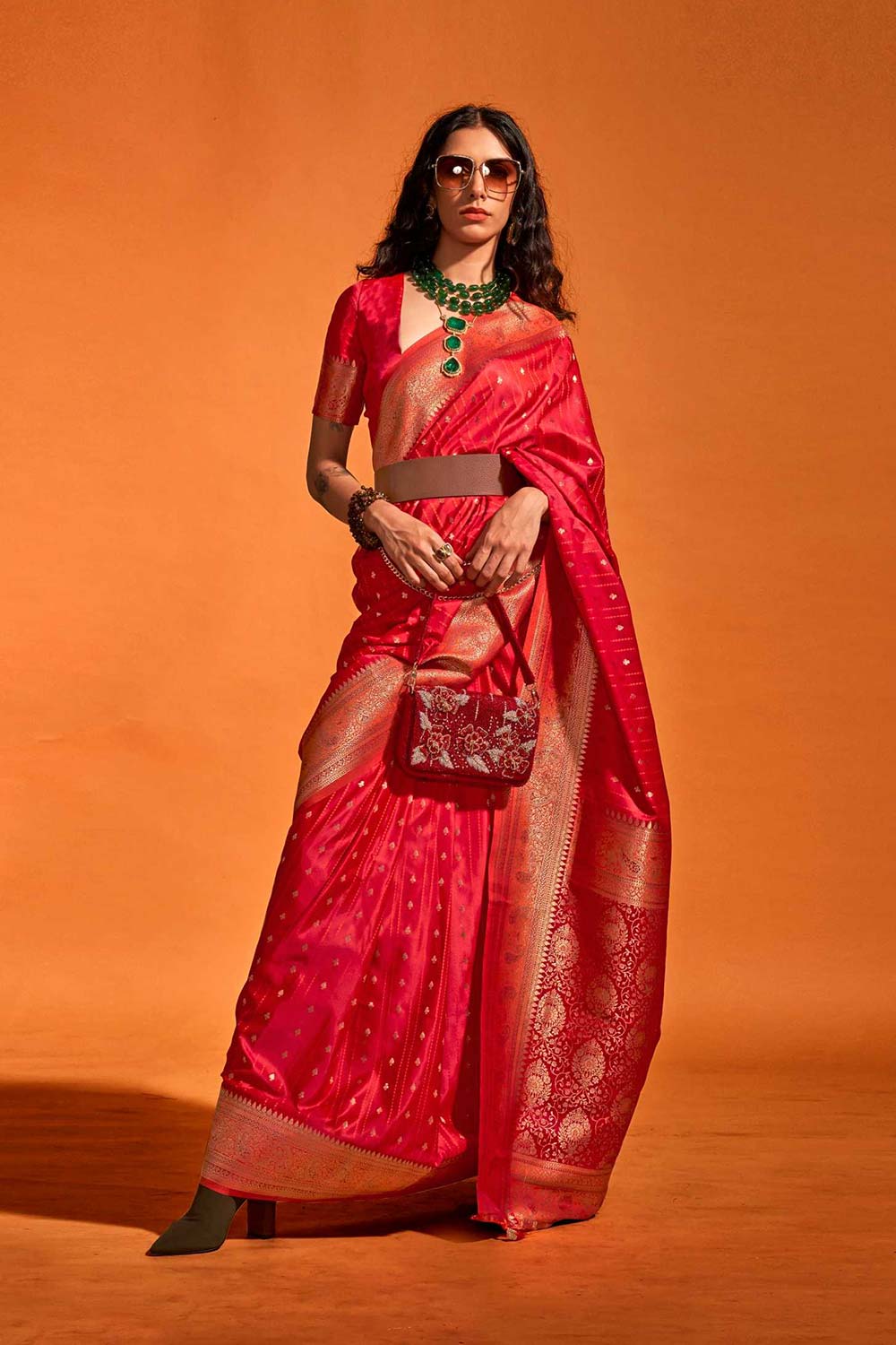 Shop Malahi Red Pure Satin Foil Print One Minute Saree at best offer at our  Store - One Minute Saree