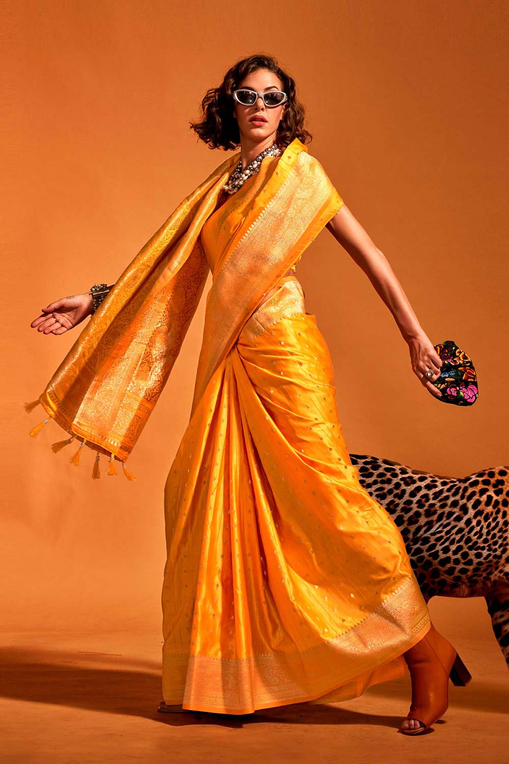 Buy Malahi Yellow Pure Satin Foil Print One Minute Saree Online - One Minute Saree
