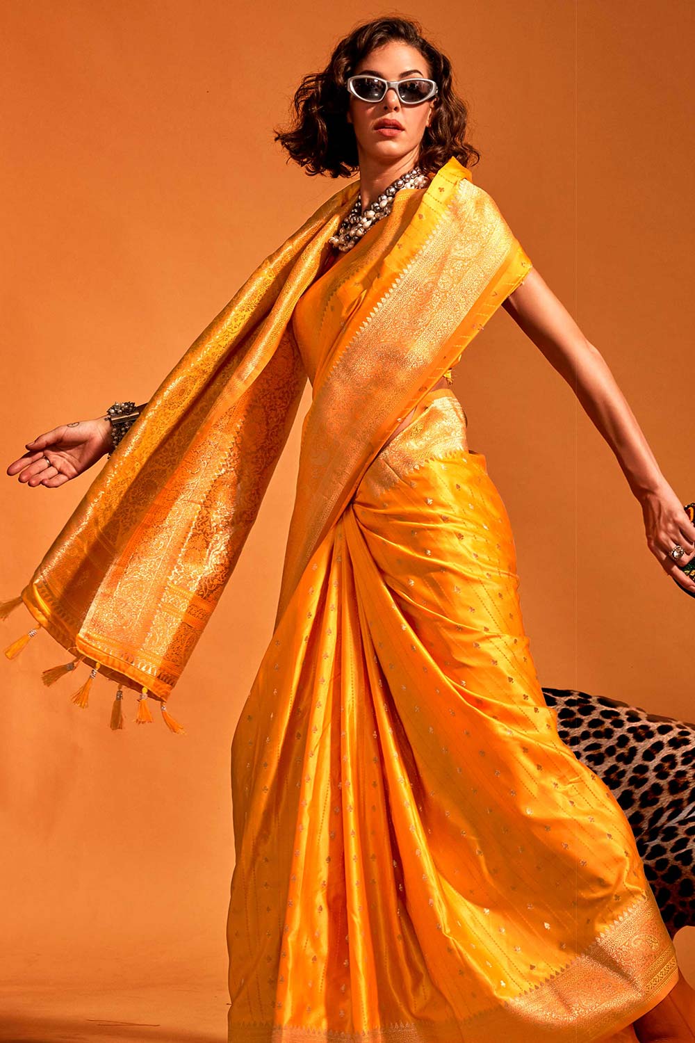 Shop Malahi Yellow Pure Satin Foil Print One Minute Saree at best offer at our  Store - One Minute Saree