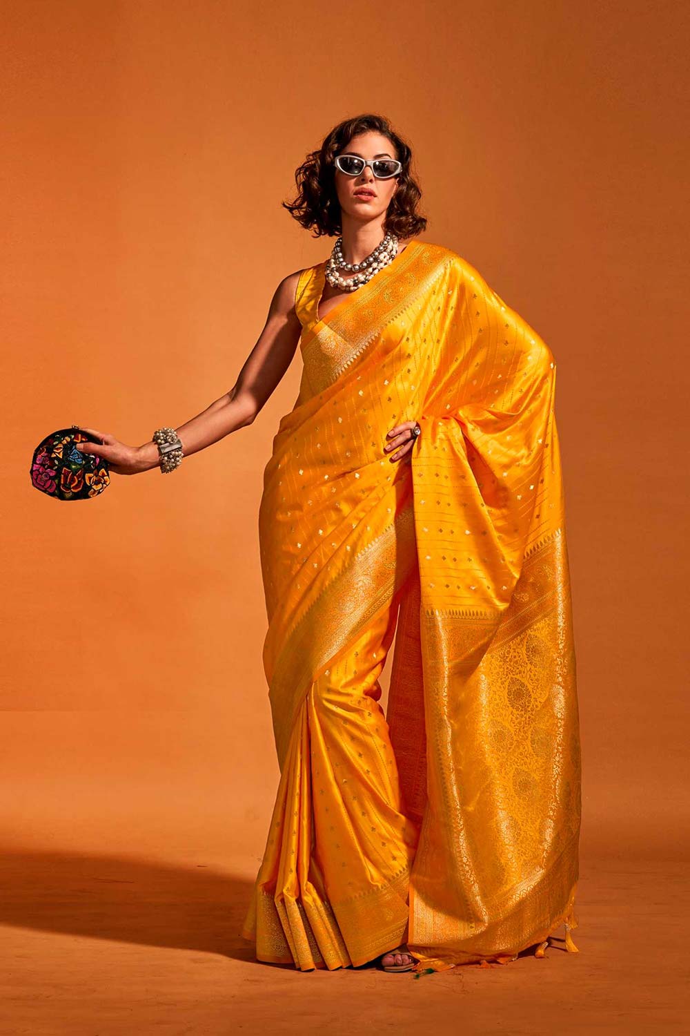 Buy Malahi Yellow Pure Satin Foil Print One Minute Saree Online