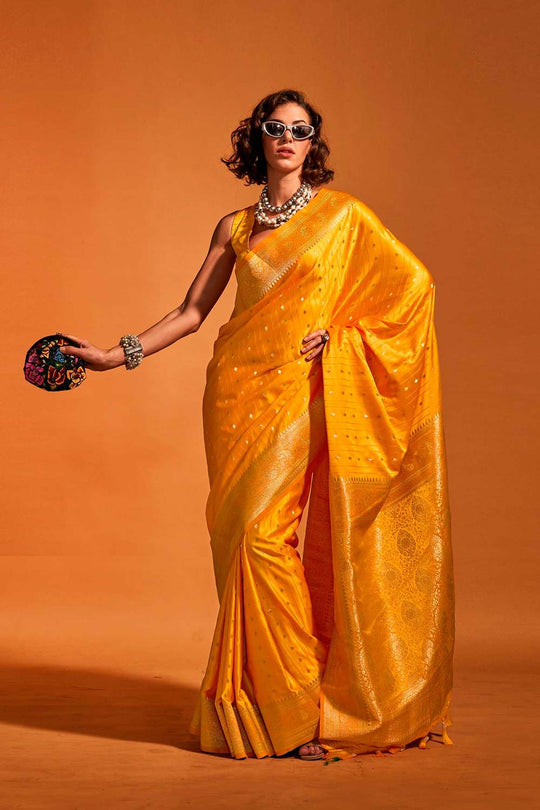 Buy Malahi Yellow Pure Satin Foil Print One Minute Saree Online