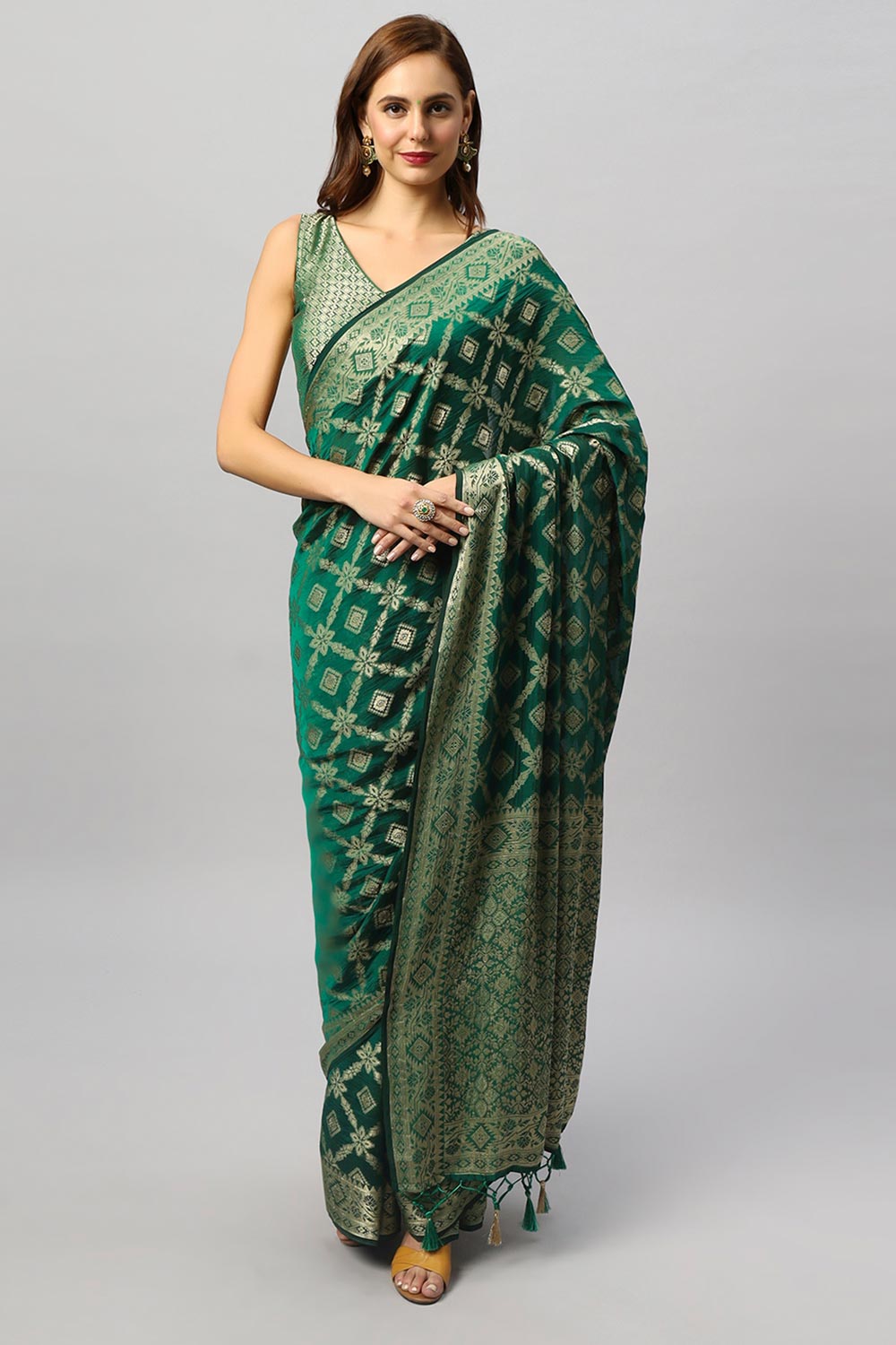 Buy Anisa Khadi Georgette Dark Green Banarasi One Minute Saree Online - One Minute Saree
