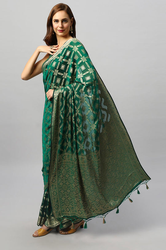Shop Anisa Khadi Georgette Dark Green Banarasi One Minute Saree at best offer at our  Store - One Minute Saree
