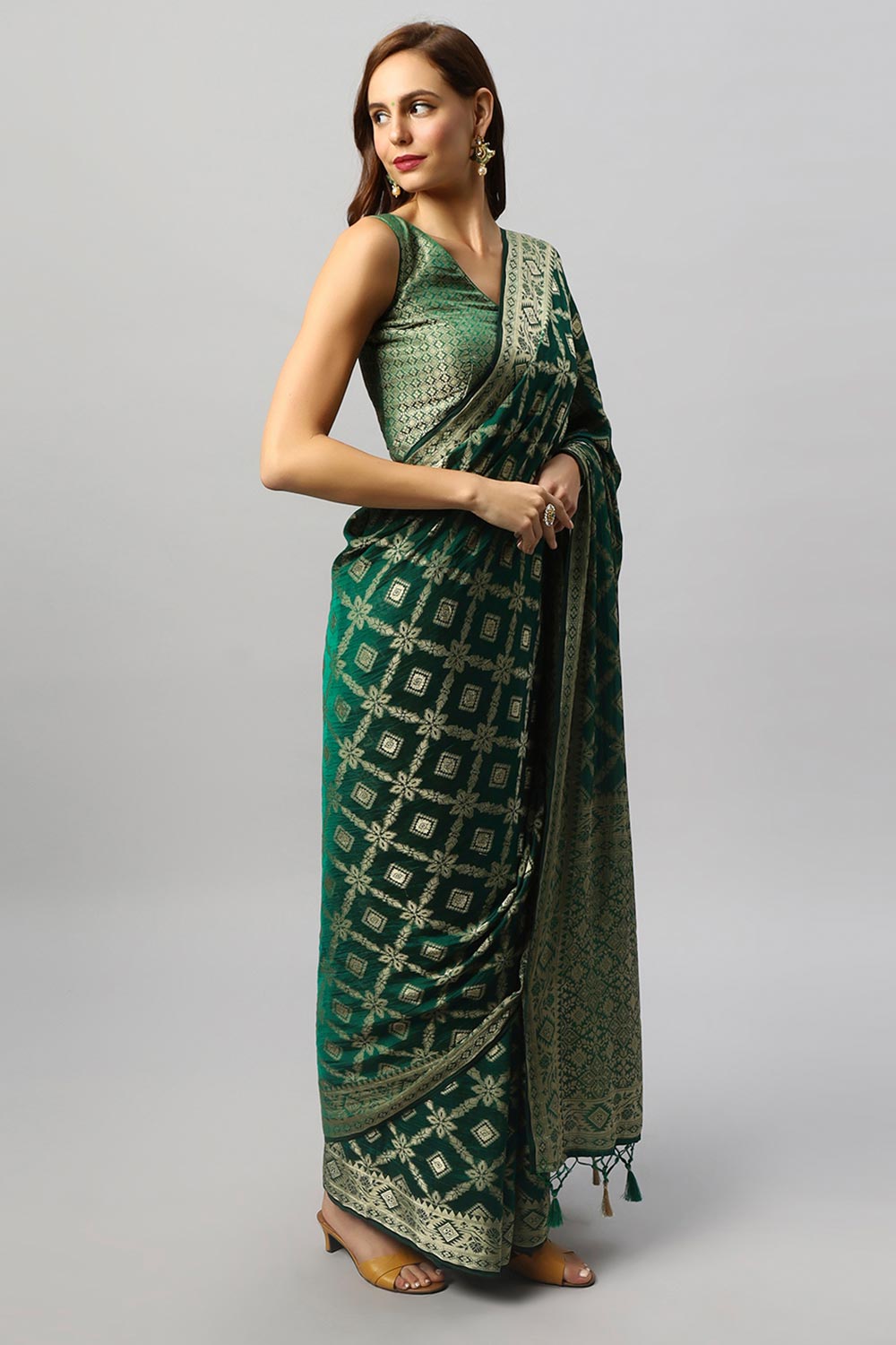 Buy Anisa Khadi Georgette Dark Green Banarasi One Minute Saree Online