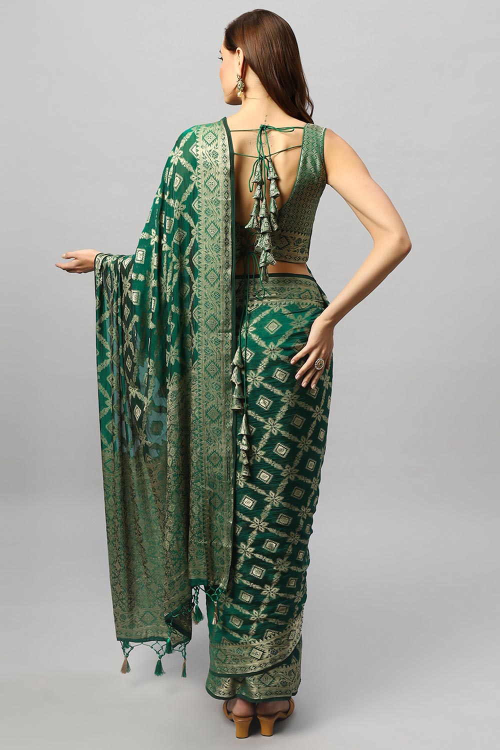 Buy Anisa Khadi Georgette Dark Green Banarasi One Minute Saree Online - Back