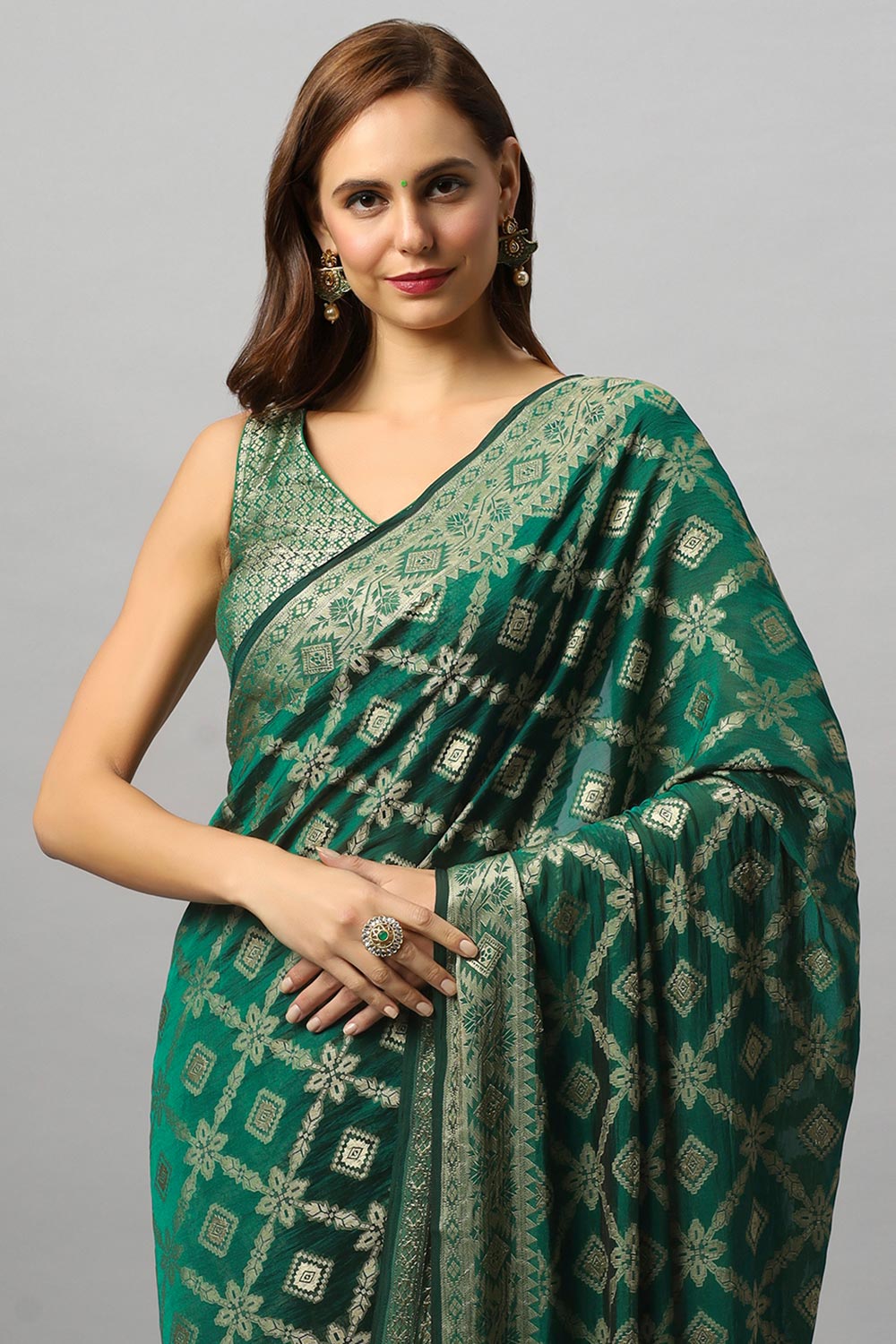 Buy Anisa Khadi Georgette Dark Green Banarasi One Minute Saree Online - Front