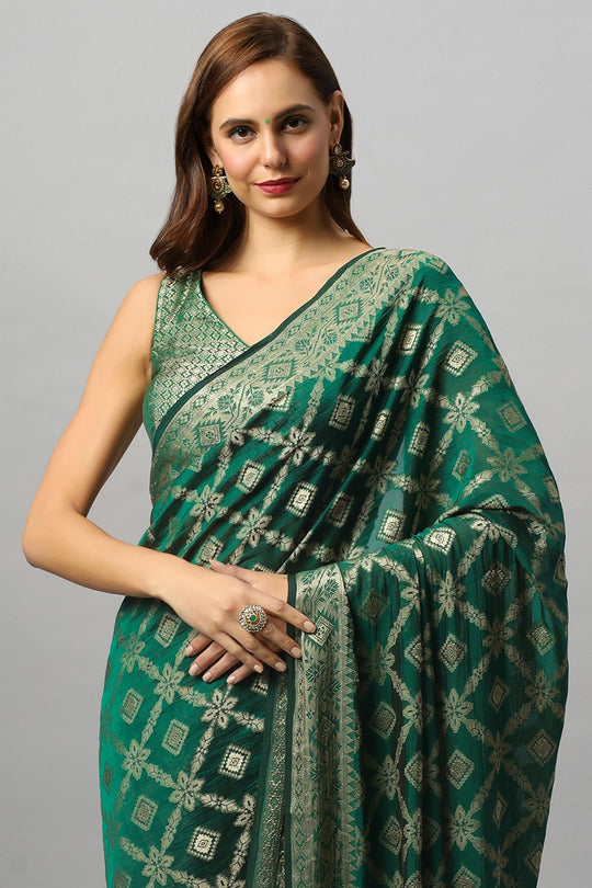 Buy Anisa Khadi Georgette Dark Green Banarasi One Minute Saree Online - Front