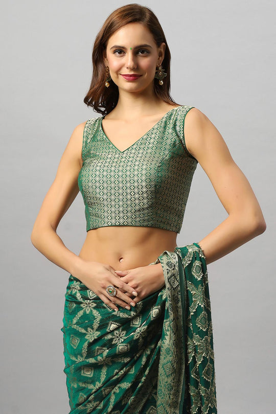 Buy Anisa Khadi Georgette Dark Green Banarasi One Minute Saree Online - Side