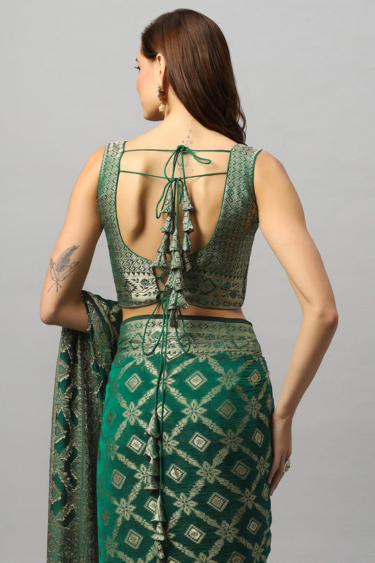 Buy Anisa Khadi Georgette Dark Green Banarasi One Minute Saree Online - Zoom In