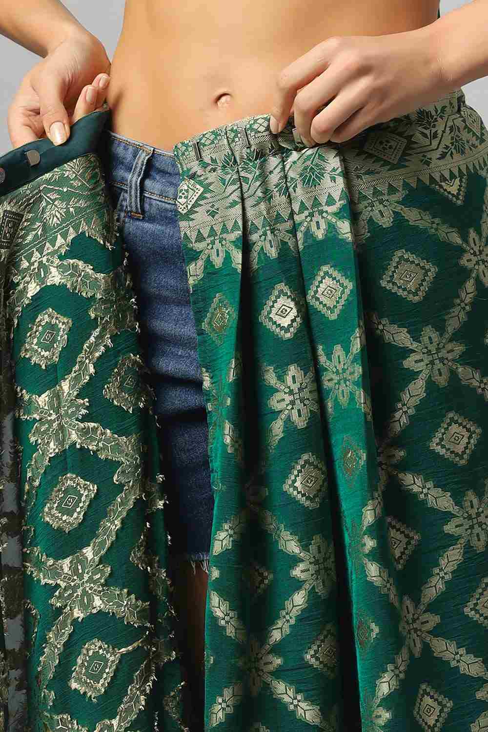 Buy Anisa Khadi Georgette Dark Green Banarasi One Minute Saree Online - Zoom Out
