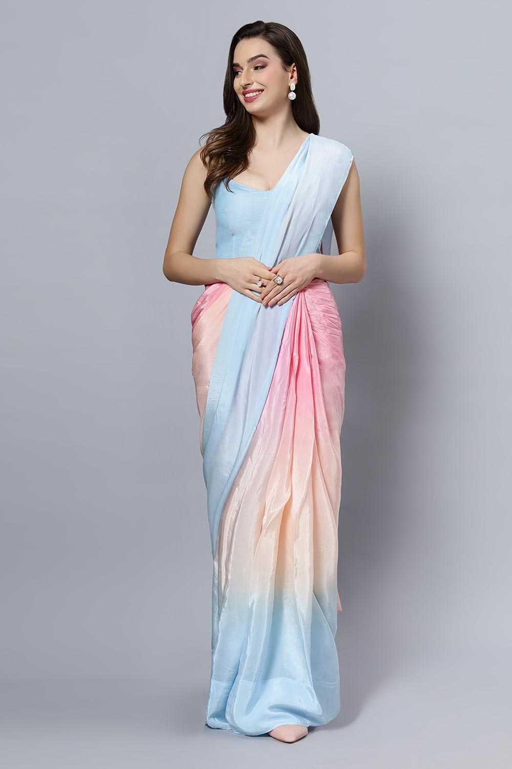 Buy Alia Sky Blue Ombre Crepe Silk One Minute Saree Online - One Minute Saree