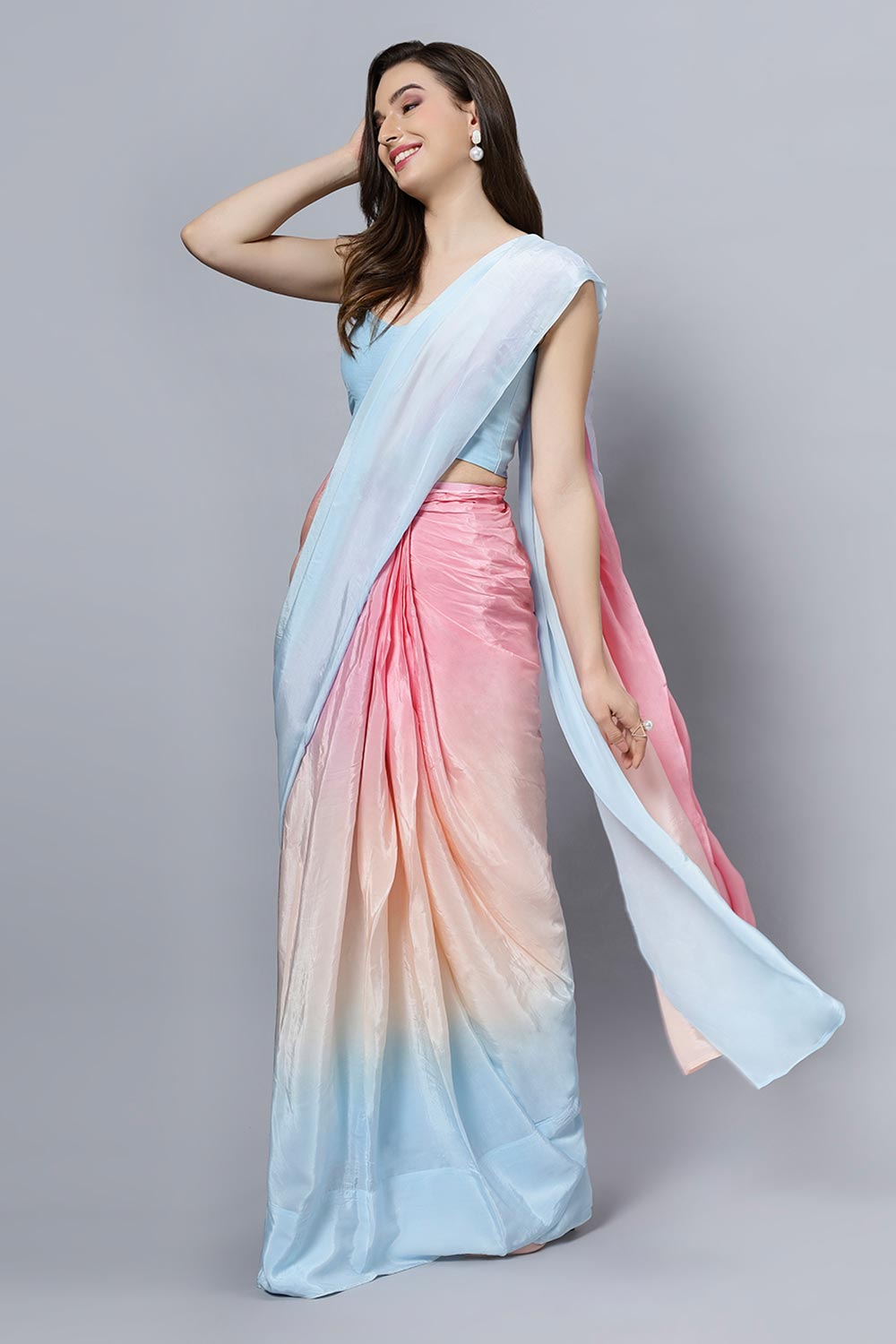 Shop Alia Sky Blue Ombre Crepe Silk One Minute Saree at best offer at our  Store - One Minute Saree
