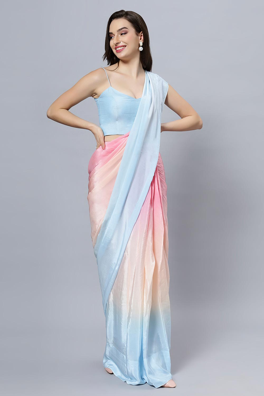 Buy Alia Sky Blue Ombre Crepe Silk One Minute Saree Online