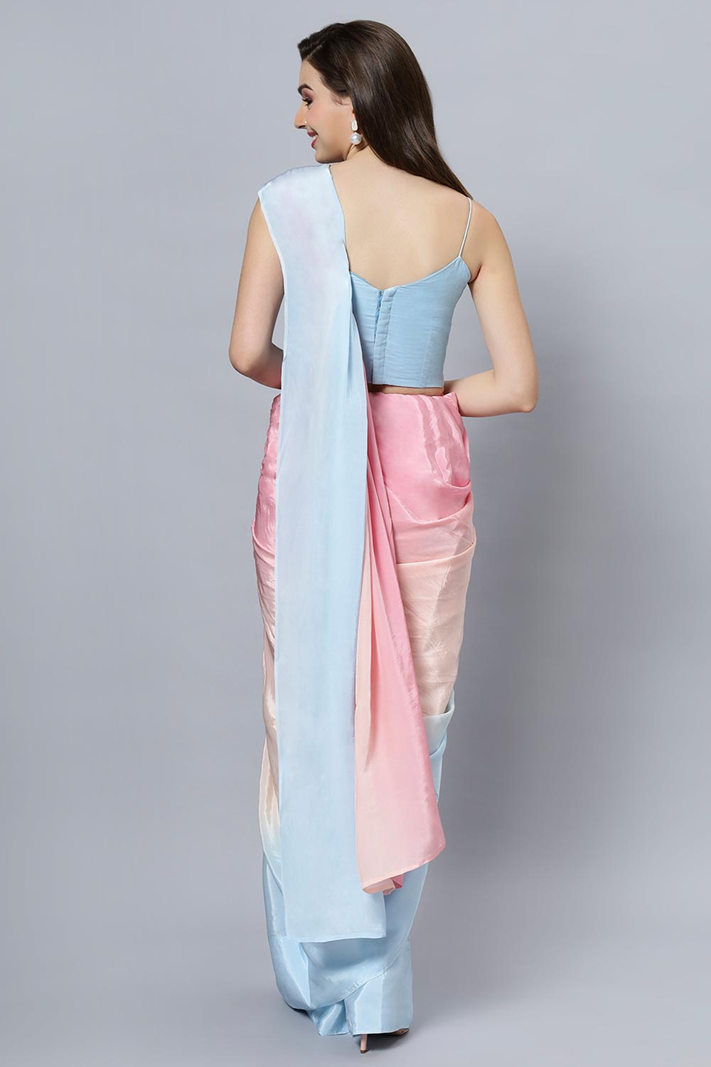 Buy Alia Sky Blue Ombre Crepe Silk One Minute Saree Online - Back