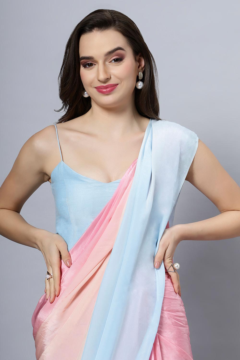 Buy Alia Sky Blue Ombre Crepe Silk One Minute Saree Online - Front