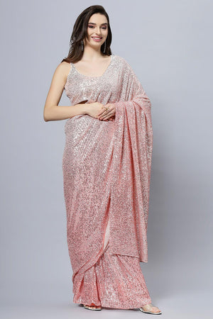 Buy Ellie Luxe Peach Ombre Sequin One Minute Saree Online