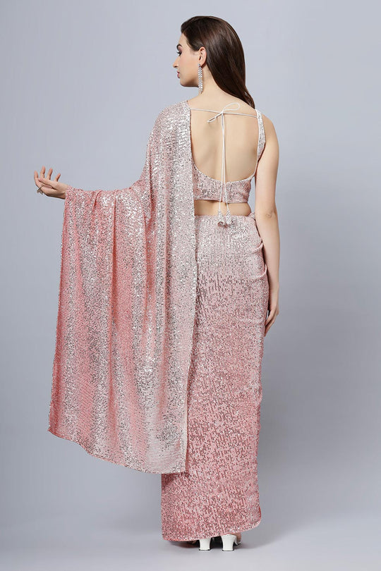 Buy Ellie Luxe Peach Ombre Sequin One Minute Saree Online - Back