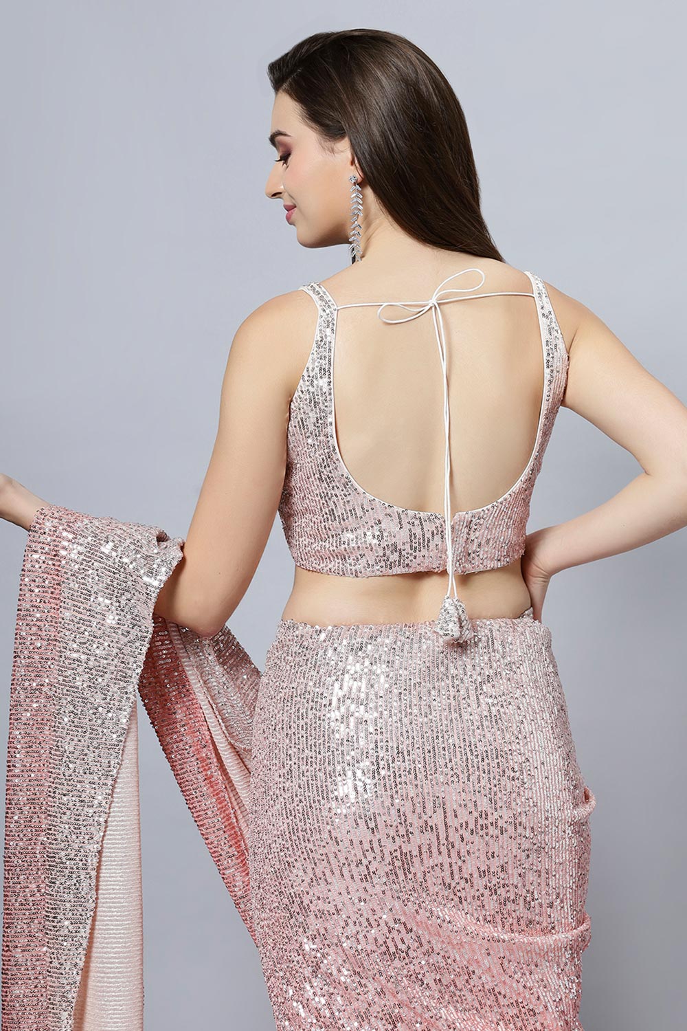 Buy Ellie Luxe Peach Ombre Sequin One Minute Saree Online - Zoom In