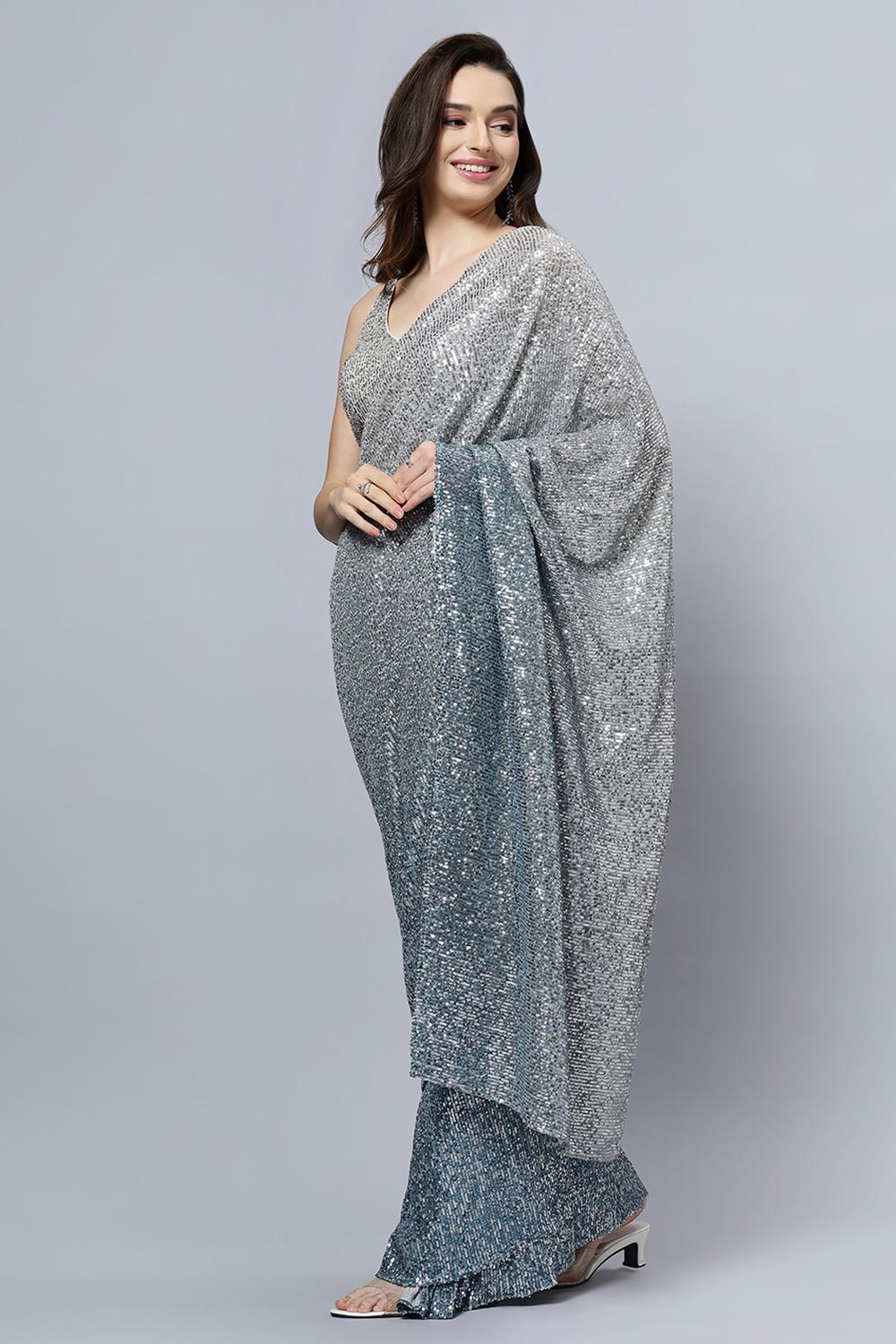 Shop Madelyn Luxe Steel Blue Ombre Sequin One Minute Saree at best offer at our  Store - One Minute Saree