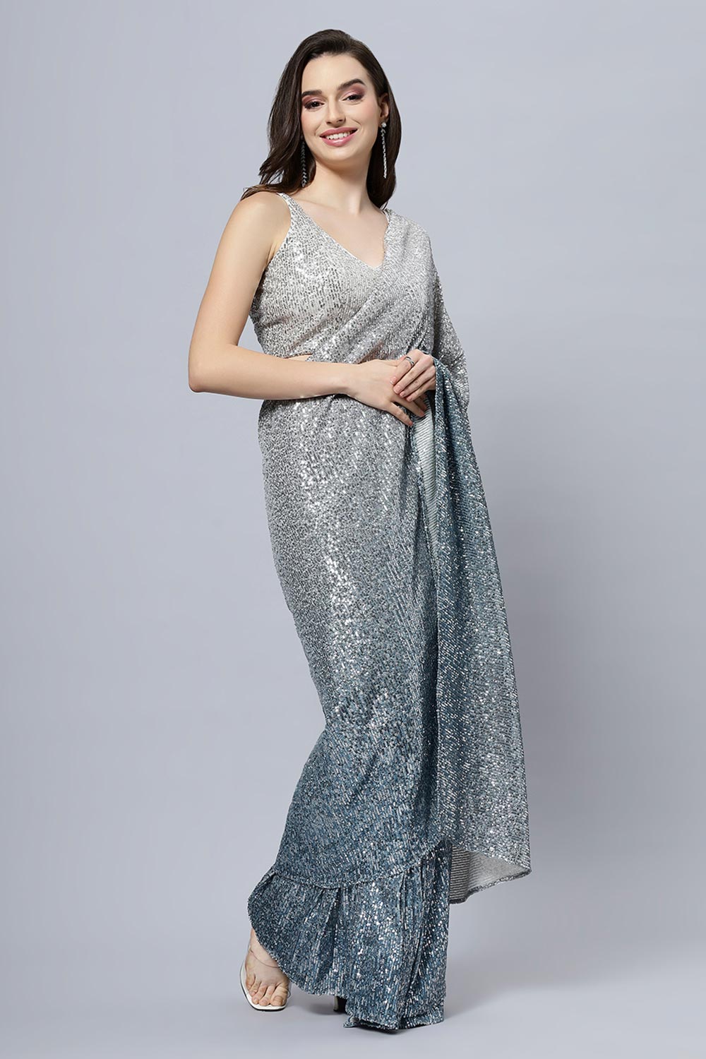 Buy Madelyn Luxe Steel Blue Ombre Sequin One Minute Saree Online