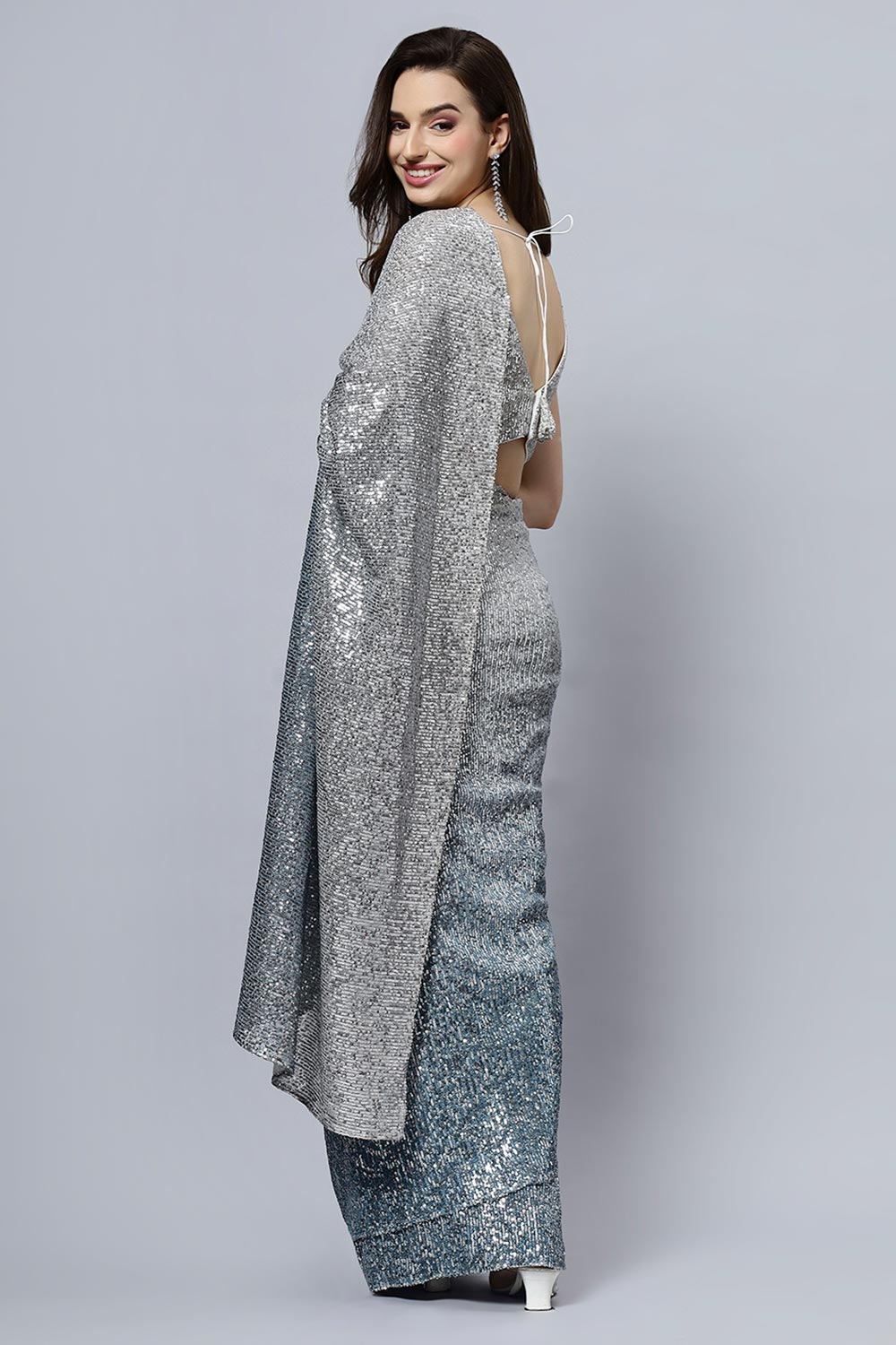 Buy Madelyn Luxe Steel Blue Ombre Sequin One Minute Saree Online - Back