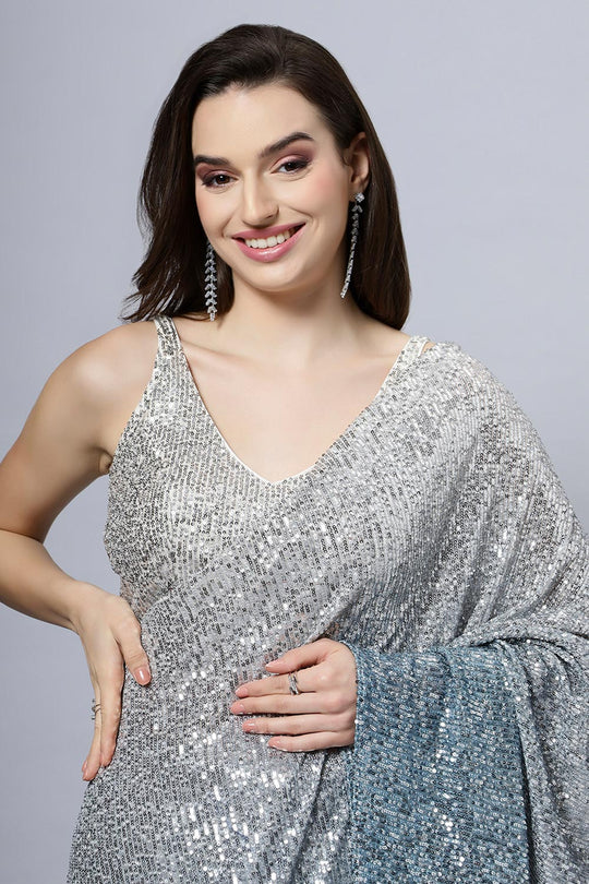 Buy Madelyn Luxe Steel Blue Ombre Sequin One Minute Saree Online - Front