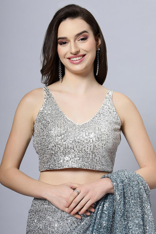 Buy Madelyn Luxe Steel Blue Ombre Sequin One Minute Saree Online - Side