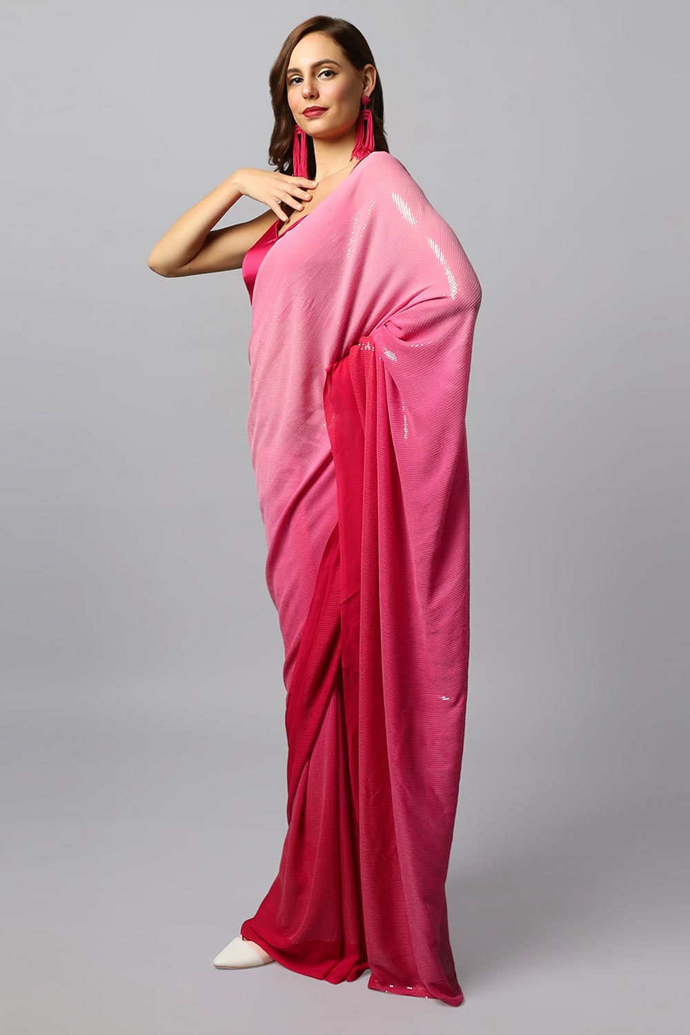 Shop Ashley Luxe Fuchsia Ombre Georgette Sequin One Minute Saree at best offer at our  Store - One Minute Saree