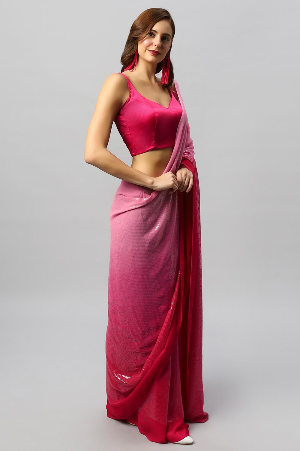 Buy Ashley Luxe Fuchsia Ombre Georgette Sequin One Minute Saree Online