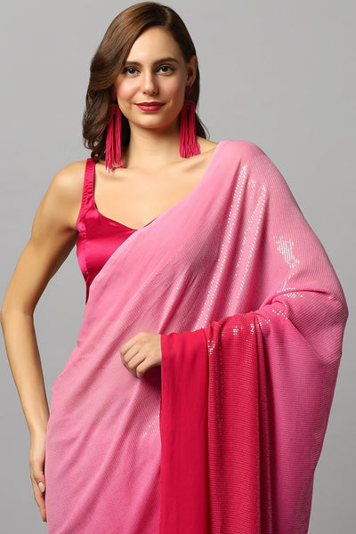 Buy Ashley Luxe Fuchsia Ombre Georgette Sequin One Minute Saree Online - Front