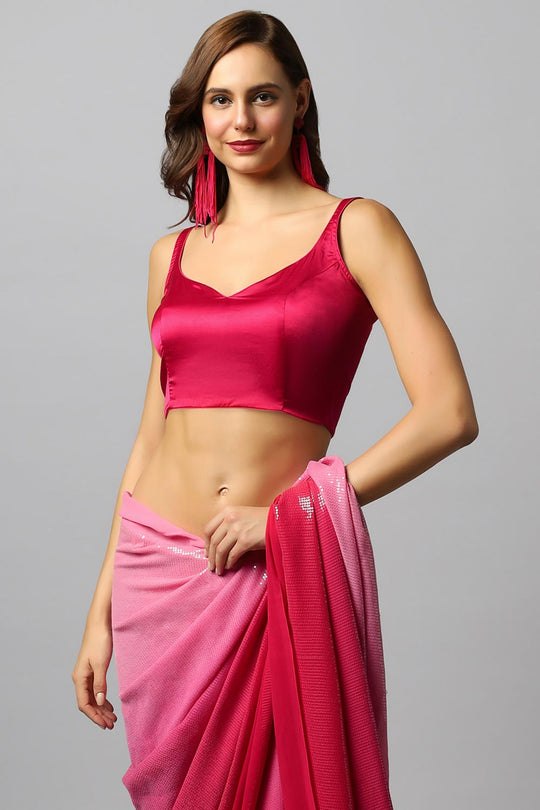 Buy Ashley Luxe Fuchsia Ombre Georgette Sequin One Minute Saree Online - Side