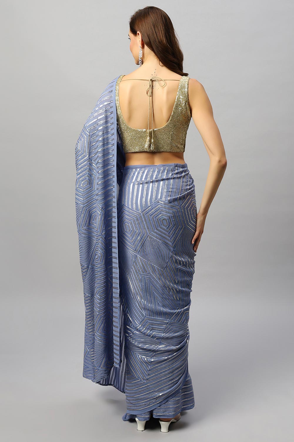 Buy Sonam Luxe Violet Ombre Georgette Sequin One Minute Saree Online - Back