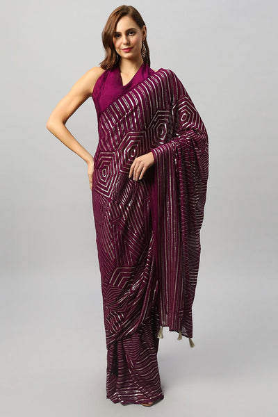 Buy Olivia Luxe Burgundy Geometric Sequins on Georgette One Minute Saree Online - One Minute Saree