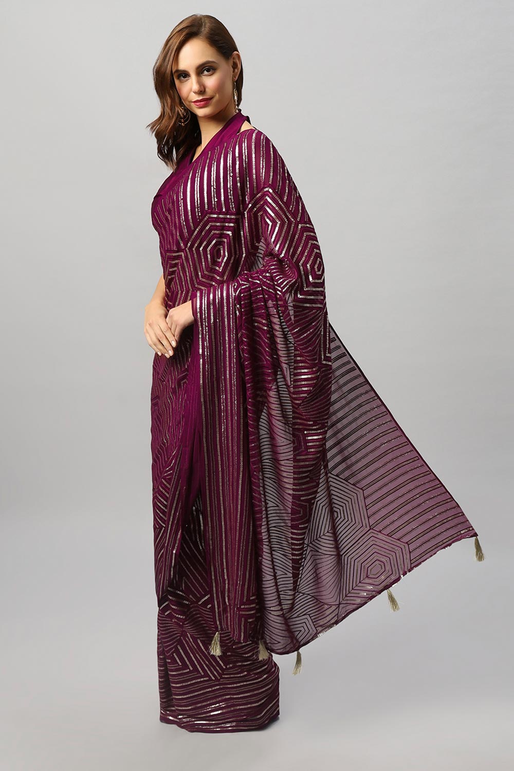 Buy Olivia Luxe Burgundy Geometric Sequins on Georgette One Minute Saree Online - One Minute Saree