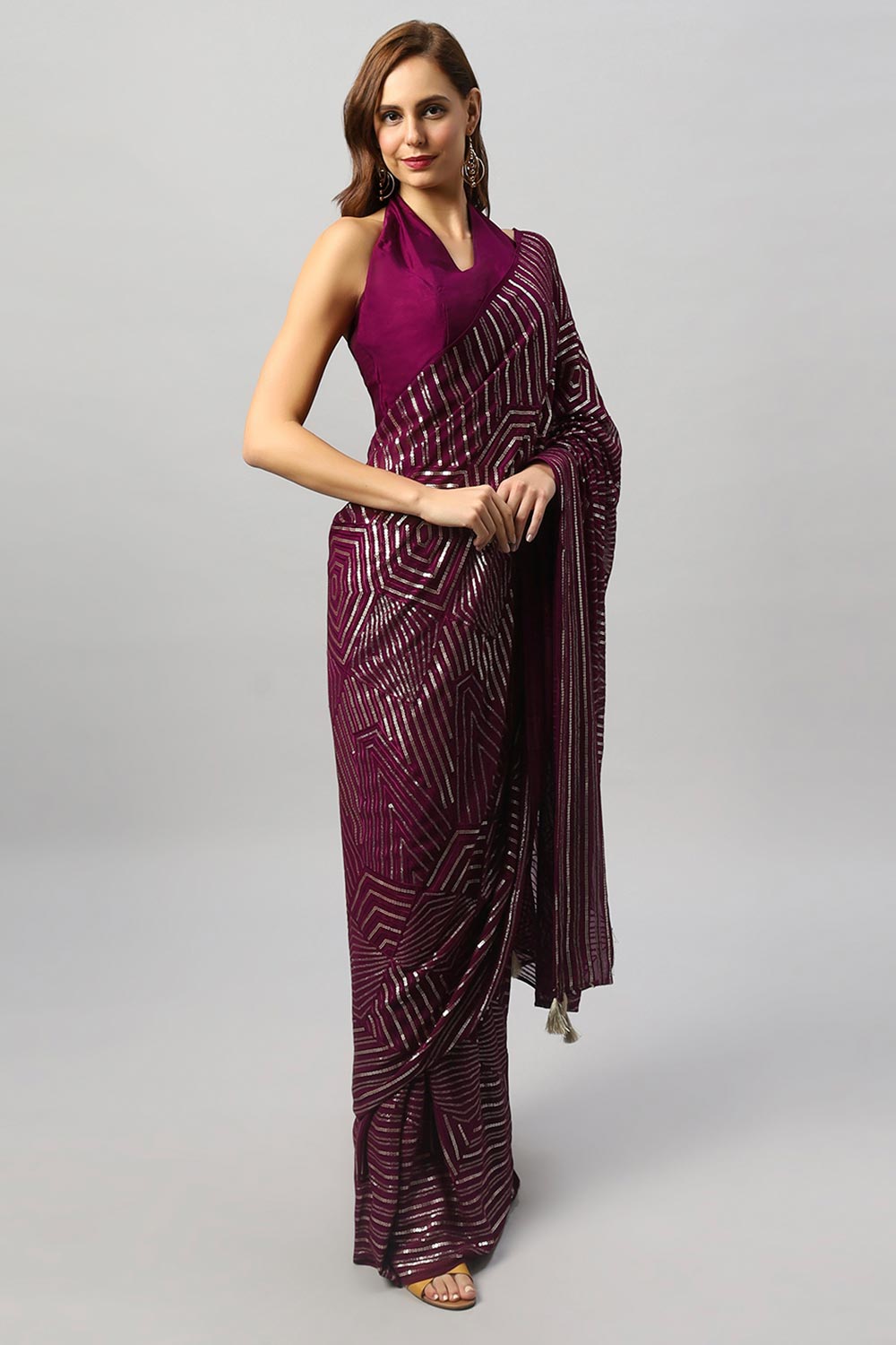 Buy Olivia Luxe Burgundy Geometric Sequins on Georgette One Minute Saree Online