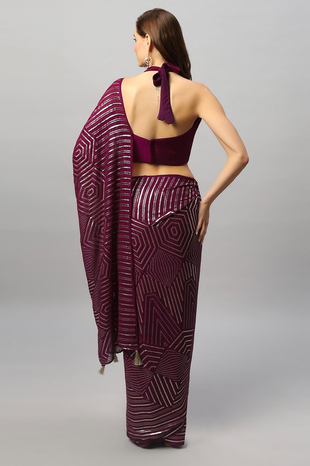 Buy Olivia Luxe Burgundy Geometric Sequins on Georgette One Minute Saree Online - Back