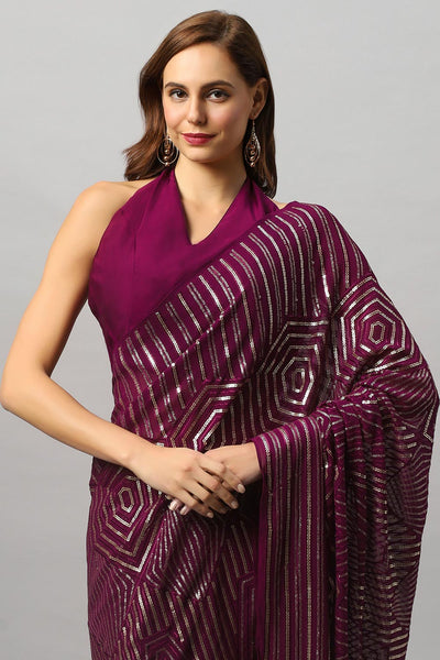 Buy Olivia Luxe Burgundy Geometric Sequins on Georgette One Minute Saree Online - Front