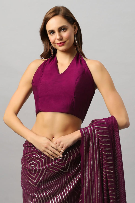 Buy Olivia Luxe Burgundy Geometric Sequins on Georgette One Minute Saree Online - Side