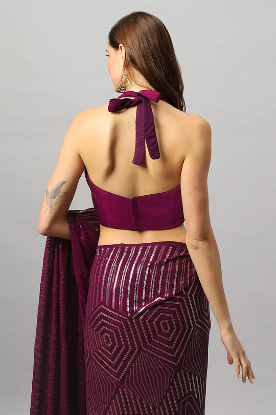 Buy Olivia Luxe Burgundy Geometric Sequins on Georgette One Minute Saree Online - Zoom In