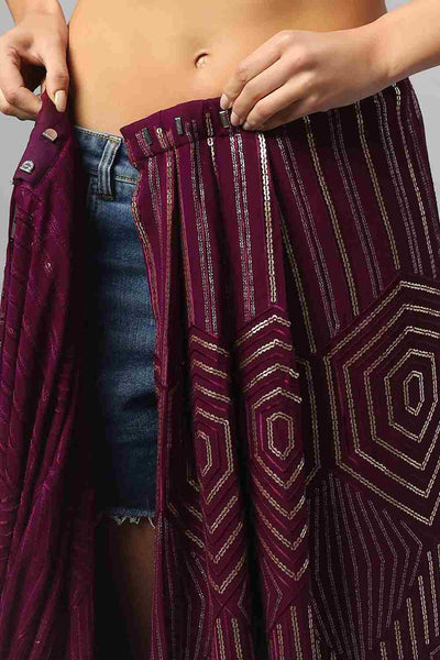 Buy Olivia Luxe Burgundy Geometric Sequins on Georgette One Minute Saree Online - Zoom Out
