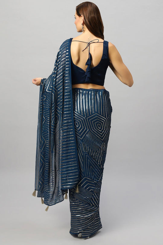 Shop Hazel Luxe Teal Geometric Sequins Georgette One Minute Saree at best offer at our  Store - One Minute Saree