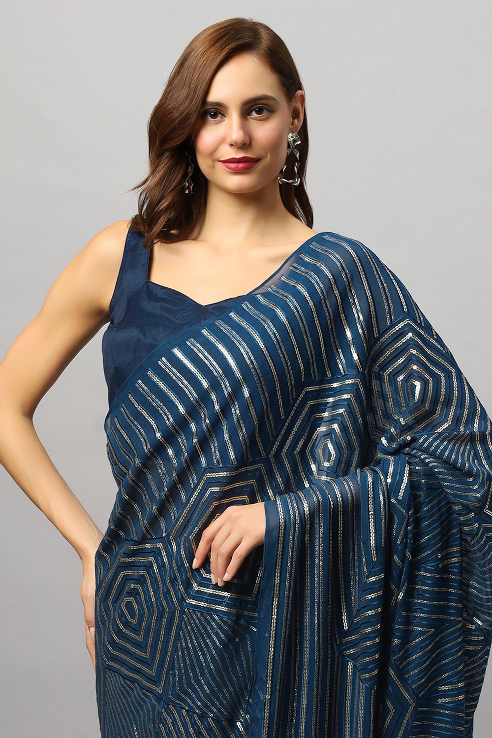 Buy Hazel Luxe Teal Geometric Sequins Georgette One Minute Saree Online - Front