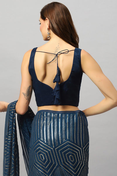 Buy Hazel Luxe Teal Geometric Sequins Georgette One Minute Saree Online - Zoom In