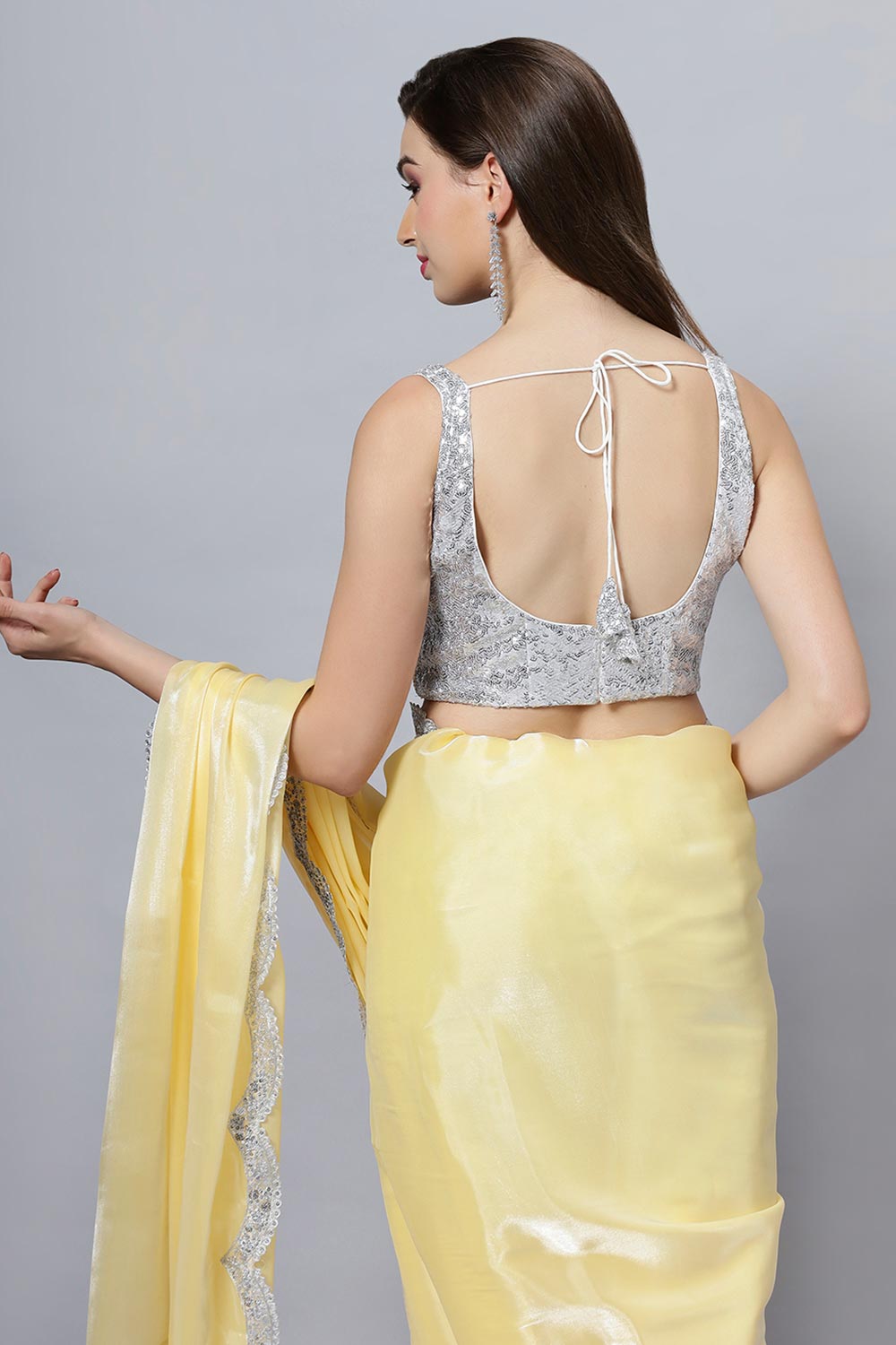 Buy Candie Yellow Soft Organza Scallop Border One Minute Saree Online - Zoom In