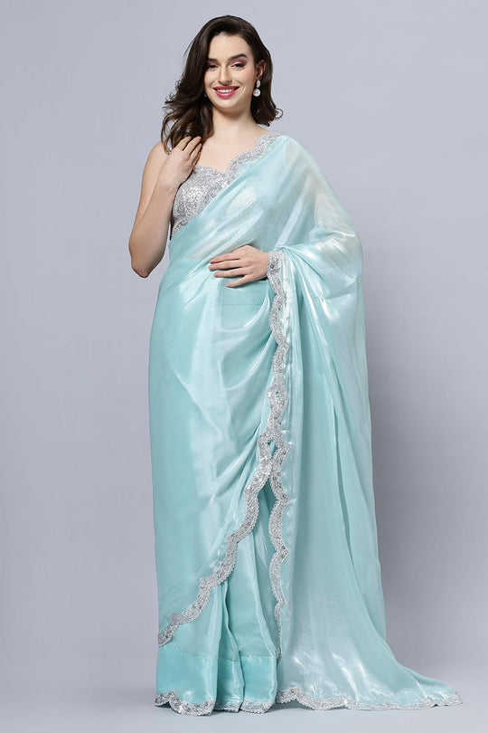 Buy Benoite Blue Soft Organza Scallop Border One Minute Saree Online - One Minute Saree