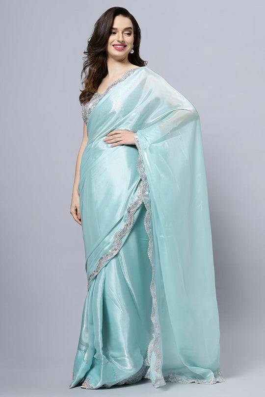 Shop Benoite Blue Soft Organza Scallop Border One Minute Saree at best offer at our  Store - One Minute Saree