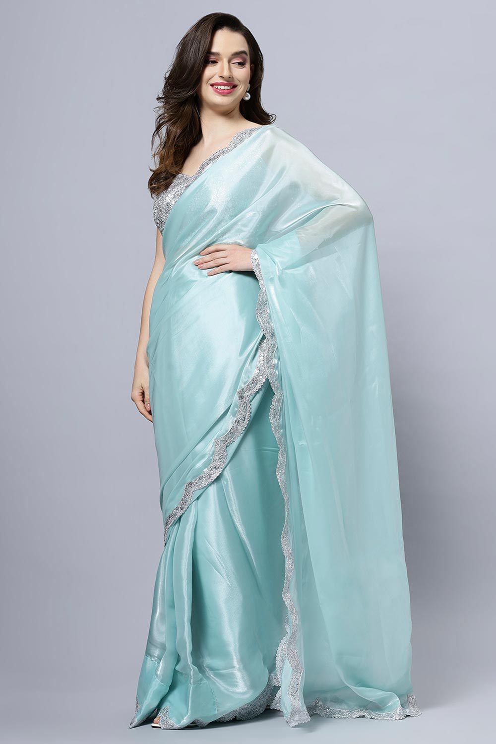 Shop Benoite Blue Soft Organza Scallop Border One Minute Saree at best offer at our  Store - One Minute Saree