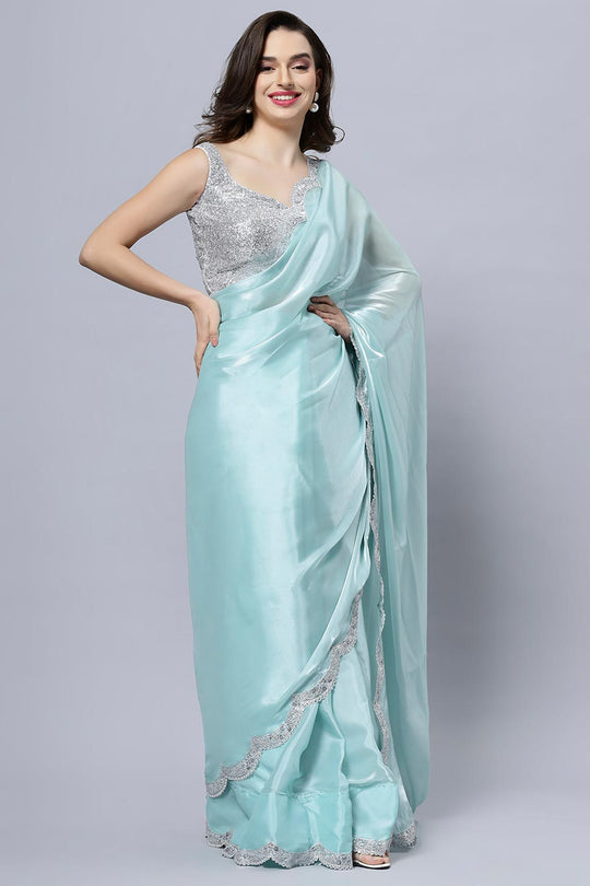 Buy Benoite Blue Soft Organza Scallop Border One Minute Saree Online