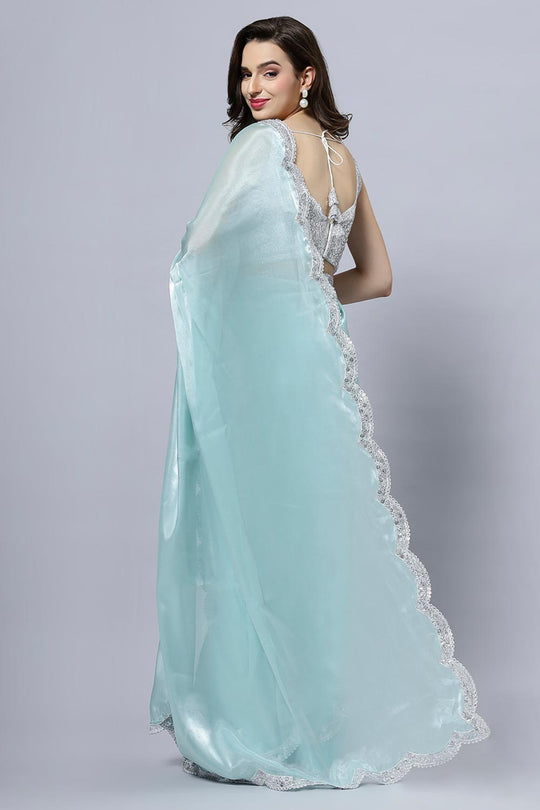 Buy Benoite Blue Soft Organza Scallop Border One Minute Saree Online - Back